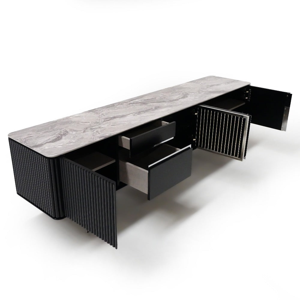 As-is Beretta TV unit by YOL LIVING, displayed as a modern wooden media console with open shelving and storage compartments.
