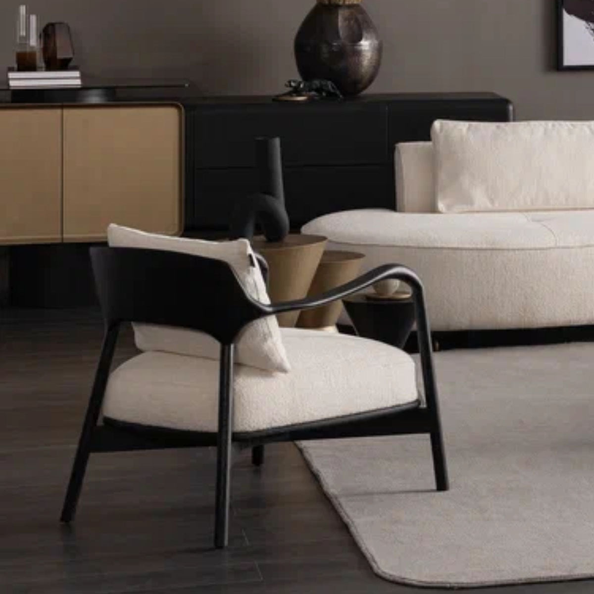 Display of an AS IS Grande Wooden Lounge Chair by ORIX, showcasing its rustic wooden frame and comfortable lounge design.