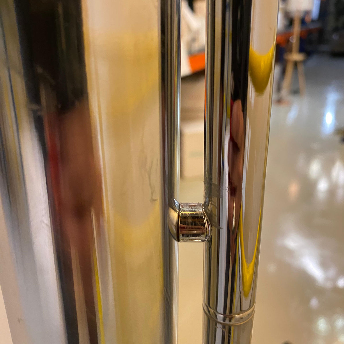 As-is Linda floor lamp by BEACON, display item with a modern design, standing tall with a sleek base and fabric shade.