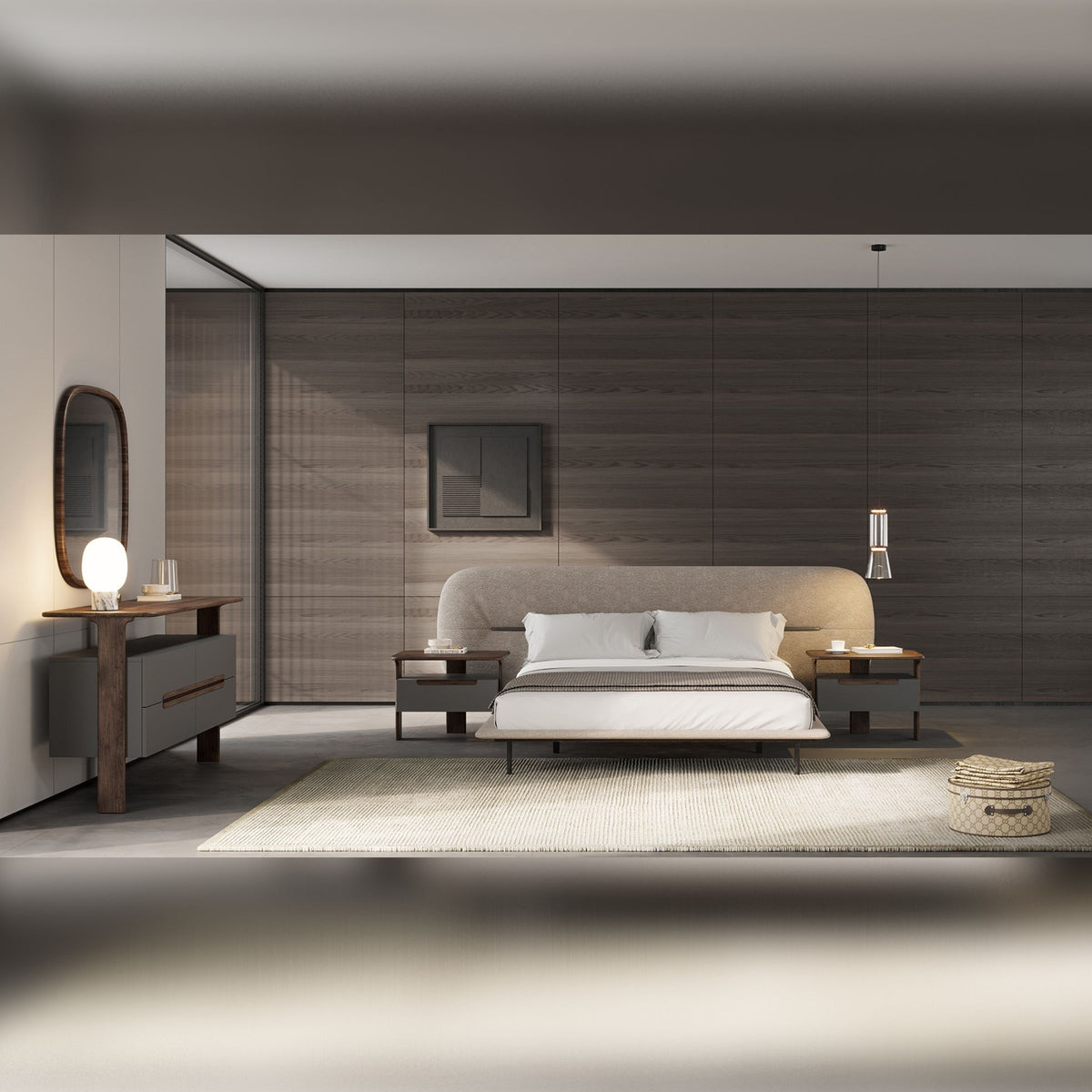YOL Living Lova dresser with matching mirror in a modern bedroom setting, showcasing sleek wood finish and contemporary design.