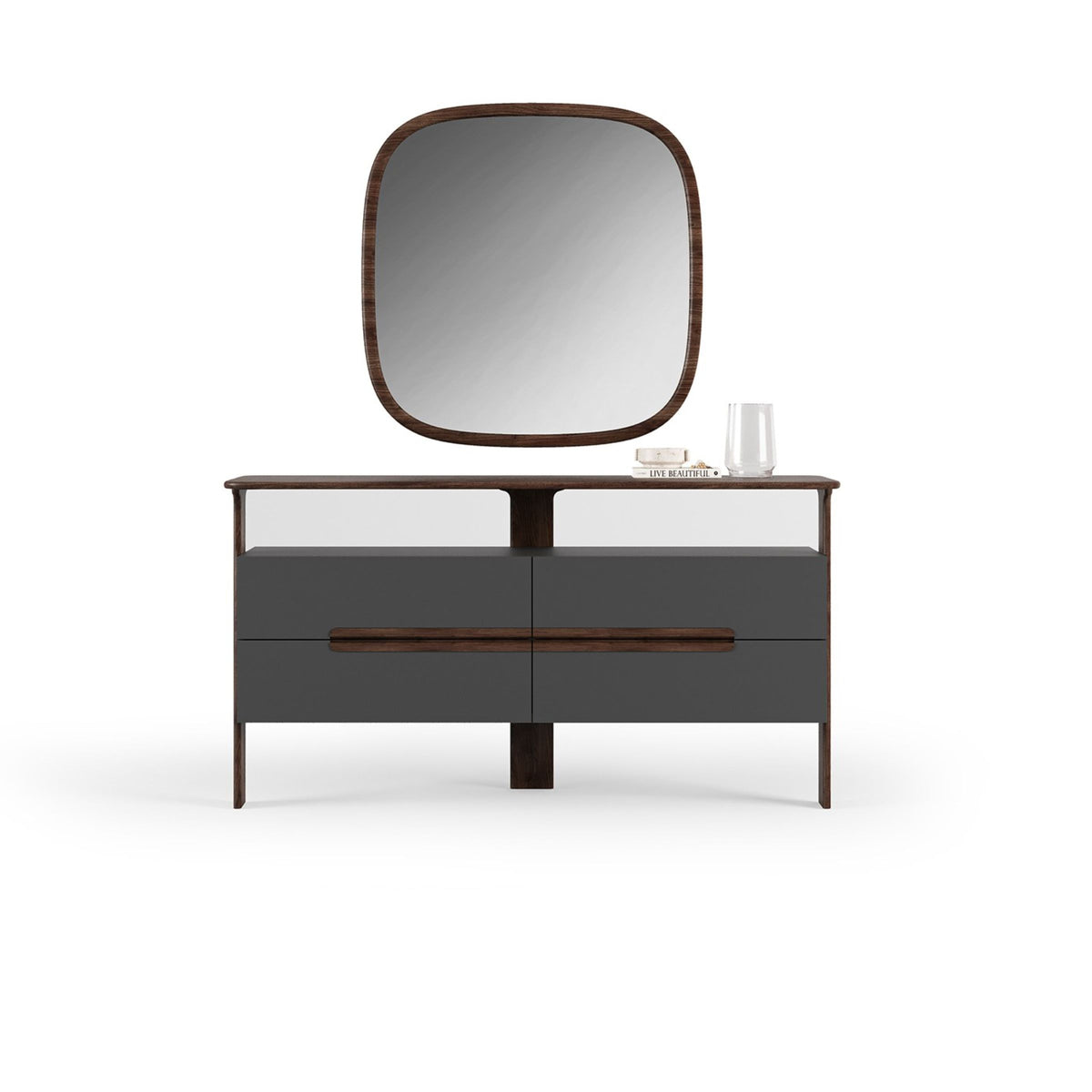 YOL LIVING Lova dresser with attached mirror, modern wooden furniture piece with sleek finish and spacious drawers.