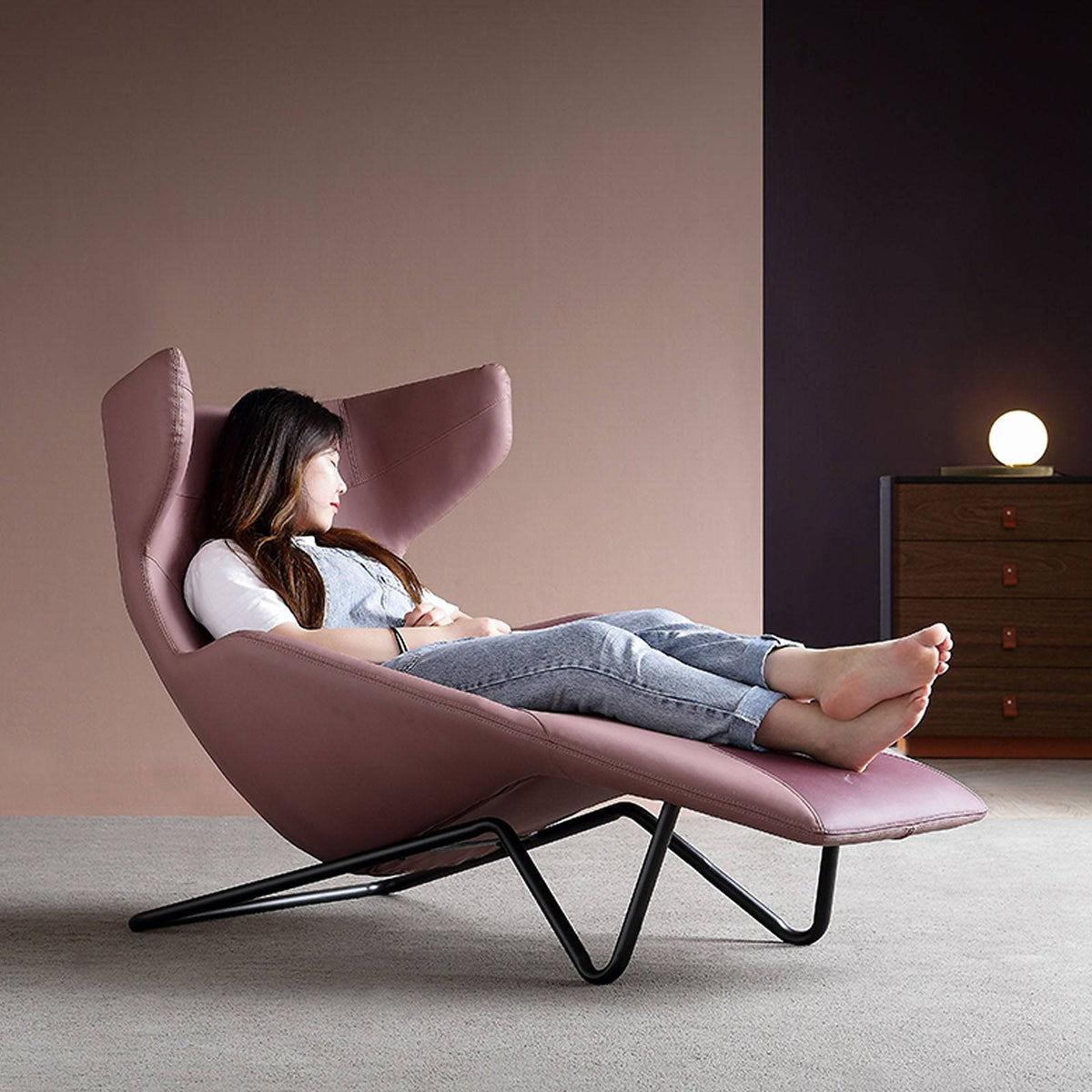As-is Relax Lounge Chair LC035-P by Beacon, displayed without cushions, showcasing its modern design and wooden frame.
