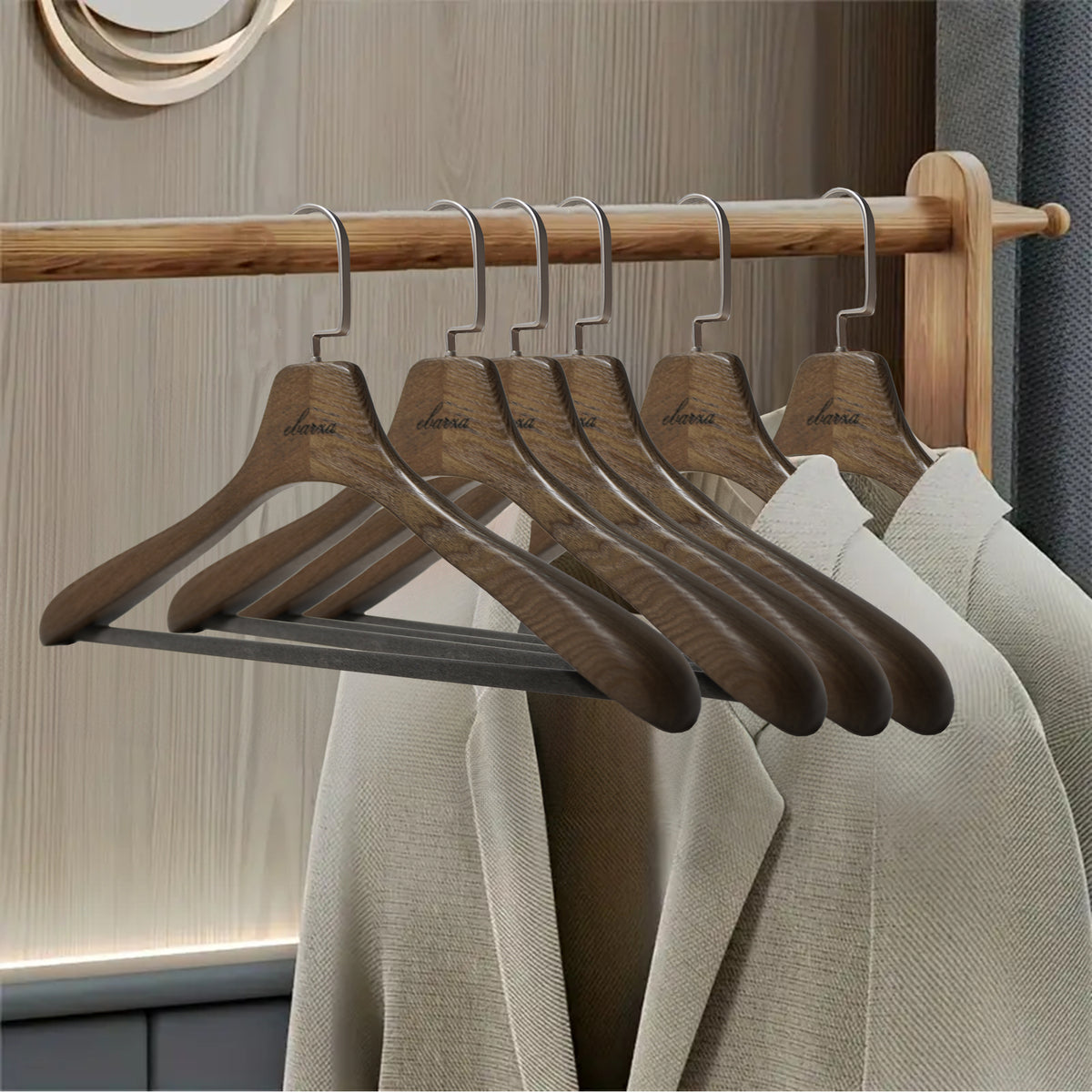 Ash wood BEACON garment hanger with a sleek design, showcasing smooth finish and sturdy construction for clothing storage.