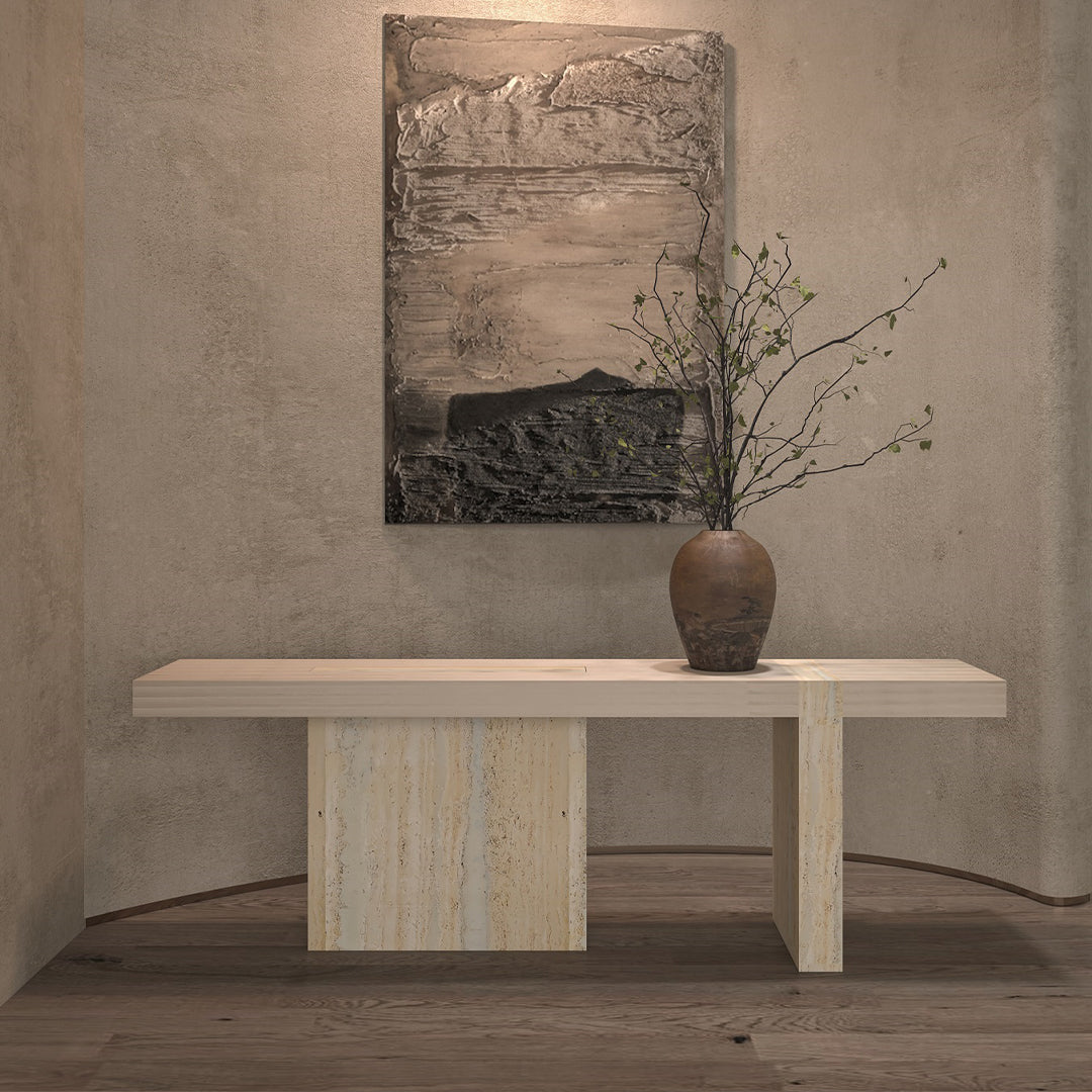 Athens Console With Wooden Top & Travertine Base - EB01HT - Consoles - ebarza Furniture UAE | Shop Modern Furniture in Abu Dhabi & Dubai - مفروشات ايبازرا في الامارات | تسوق اثاث عصري وديكورات مميزة في دبي وابوظبي