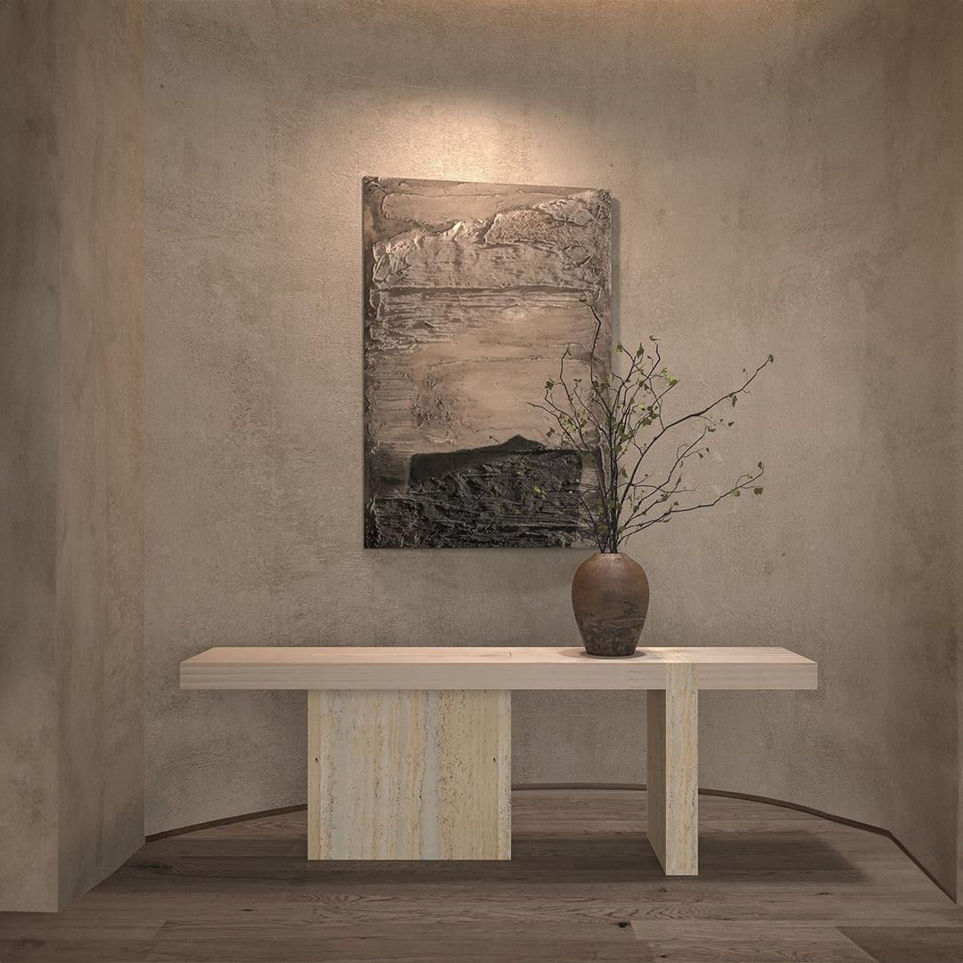 A2STONE Athens console with wooden top and travertine base, modern design, showcasing the elegant console with sleek surfaces.