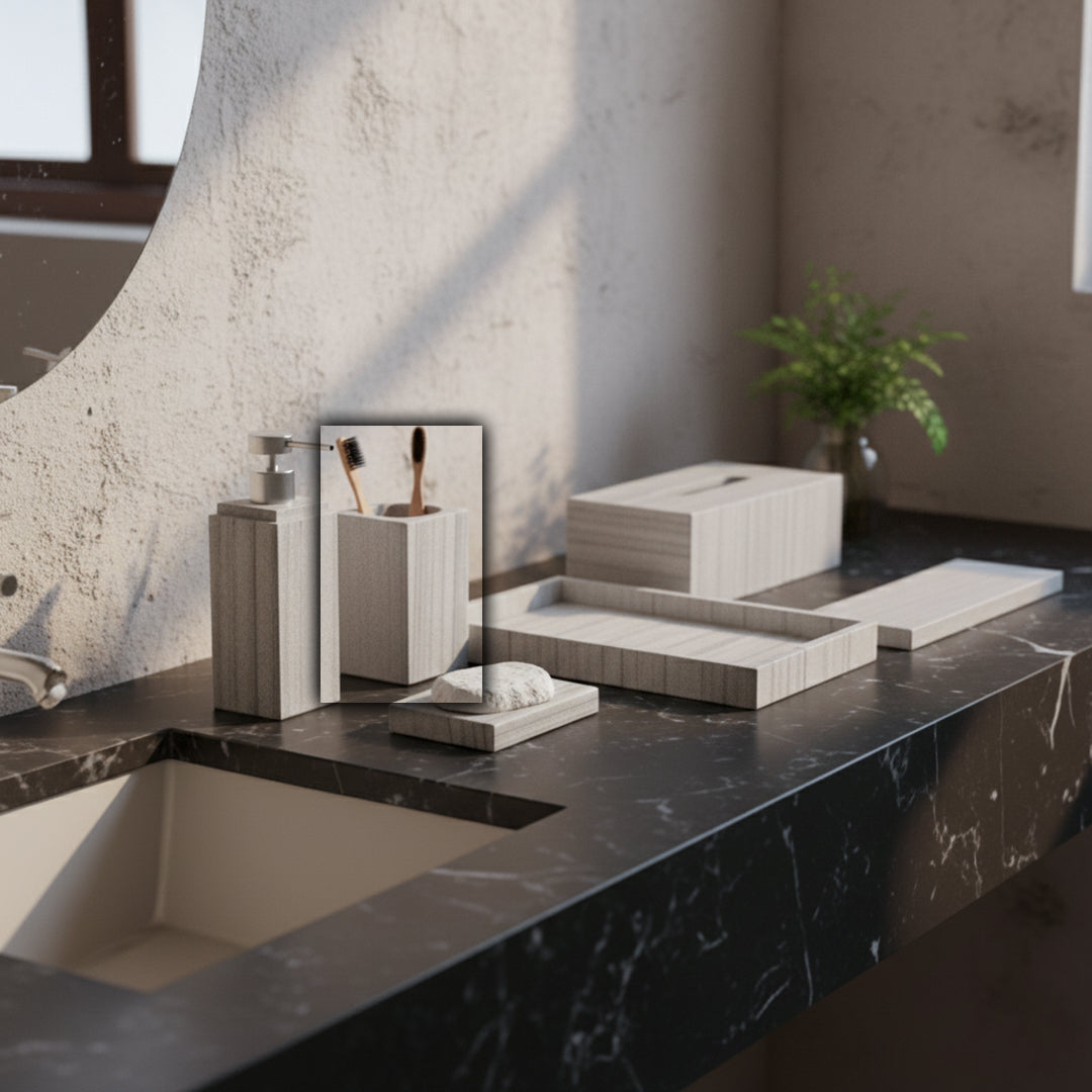 Australian Gray Marble Square Cup for bathroom accessories by BEACON, featuring a sleek square design in elegant gray marble.