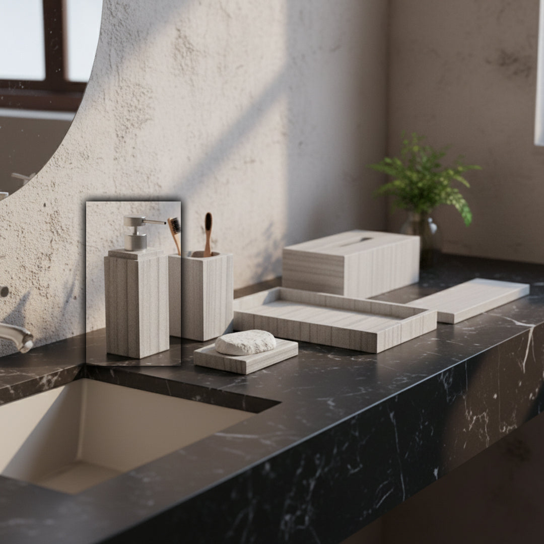 Australian Gray Marble square tall hand sanitizer bottle with silver nozzle, a stylish bathroom accessory by BEACON.