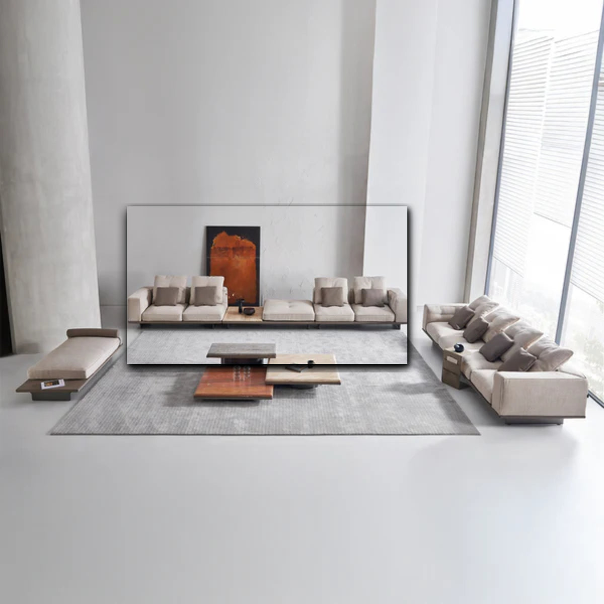 Aventor 5-seater sofa with side table by BEACON, featuring plush cushions and modern design in a living room setting.