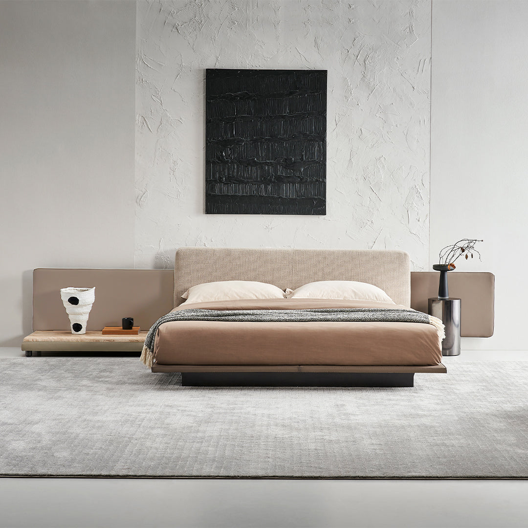 Avenor suspended king size bedstead in dark wood finish, modern design, with a sturdy frame and sleek headboard, by BEACON.