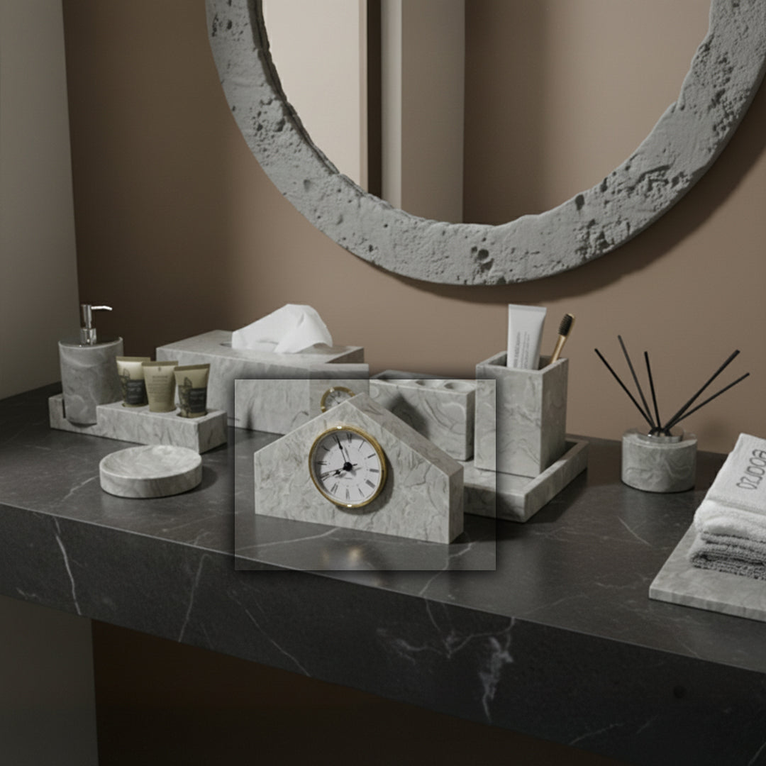 BEACON Bawang Flower Marble House Table Clock showing a floral design with a round face and decorative marble base.