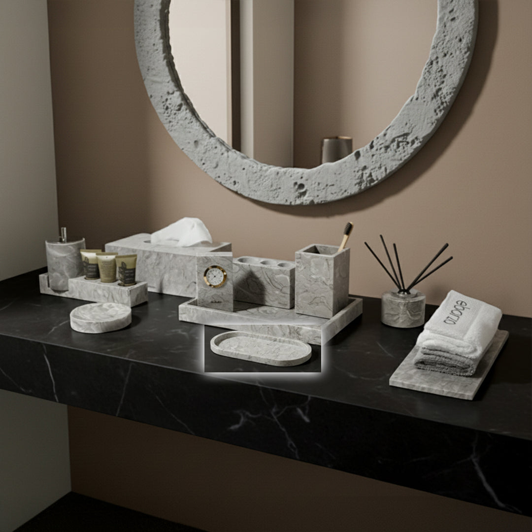 Small oval marble tray with Bawang Flower design by BEACON, ideal for decorative or serving purposes.