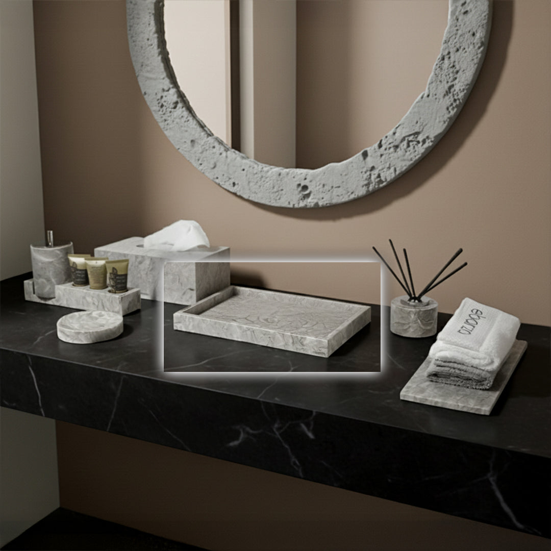 Large rectangular marble tray with Bawang flower design from BEACON, ideal for serving or decorative use.