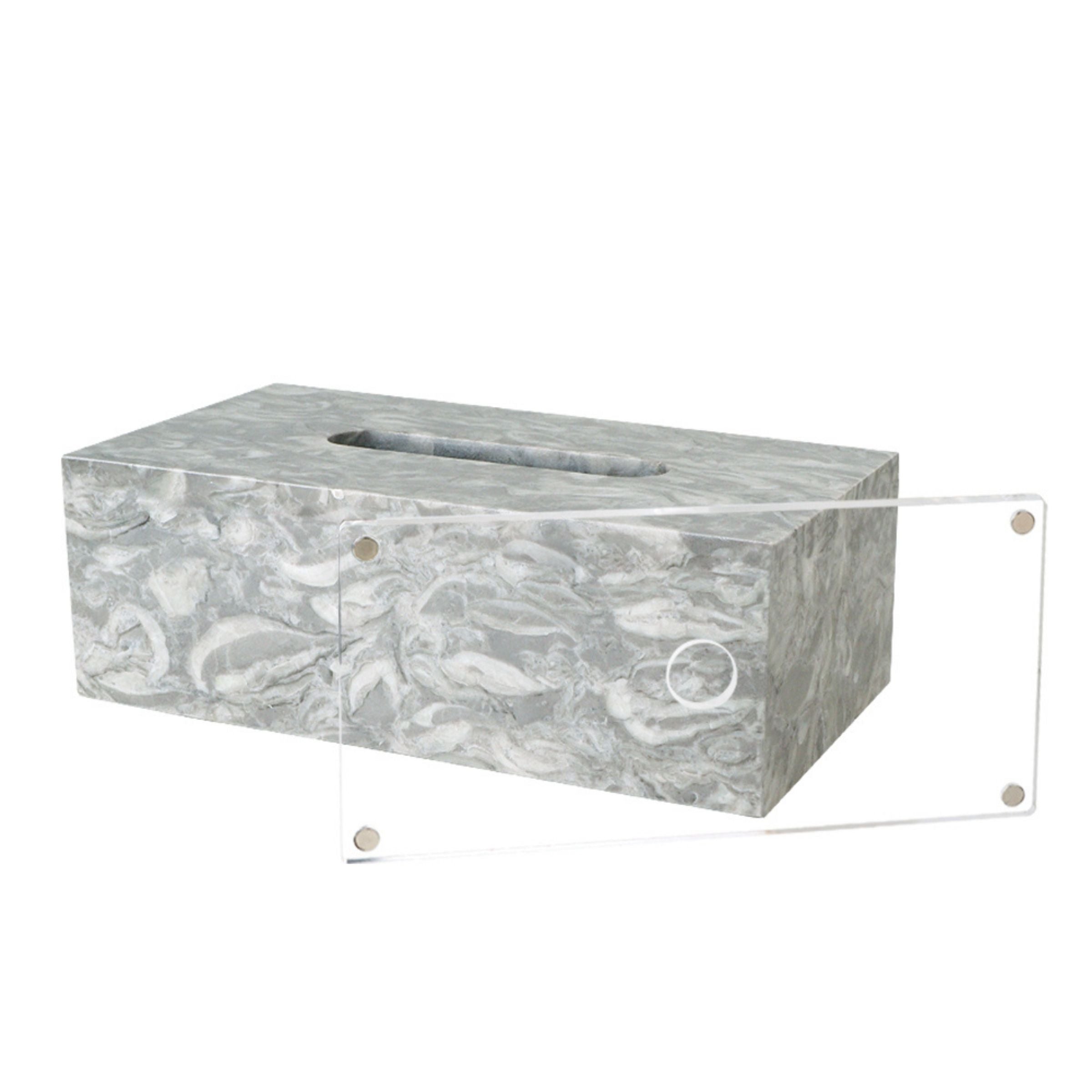 Bawang Flower Marble Rectangular Tissue Box by BEACON with PVC magnetic suction base, decorative floral design on marble pattern.