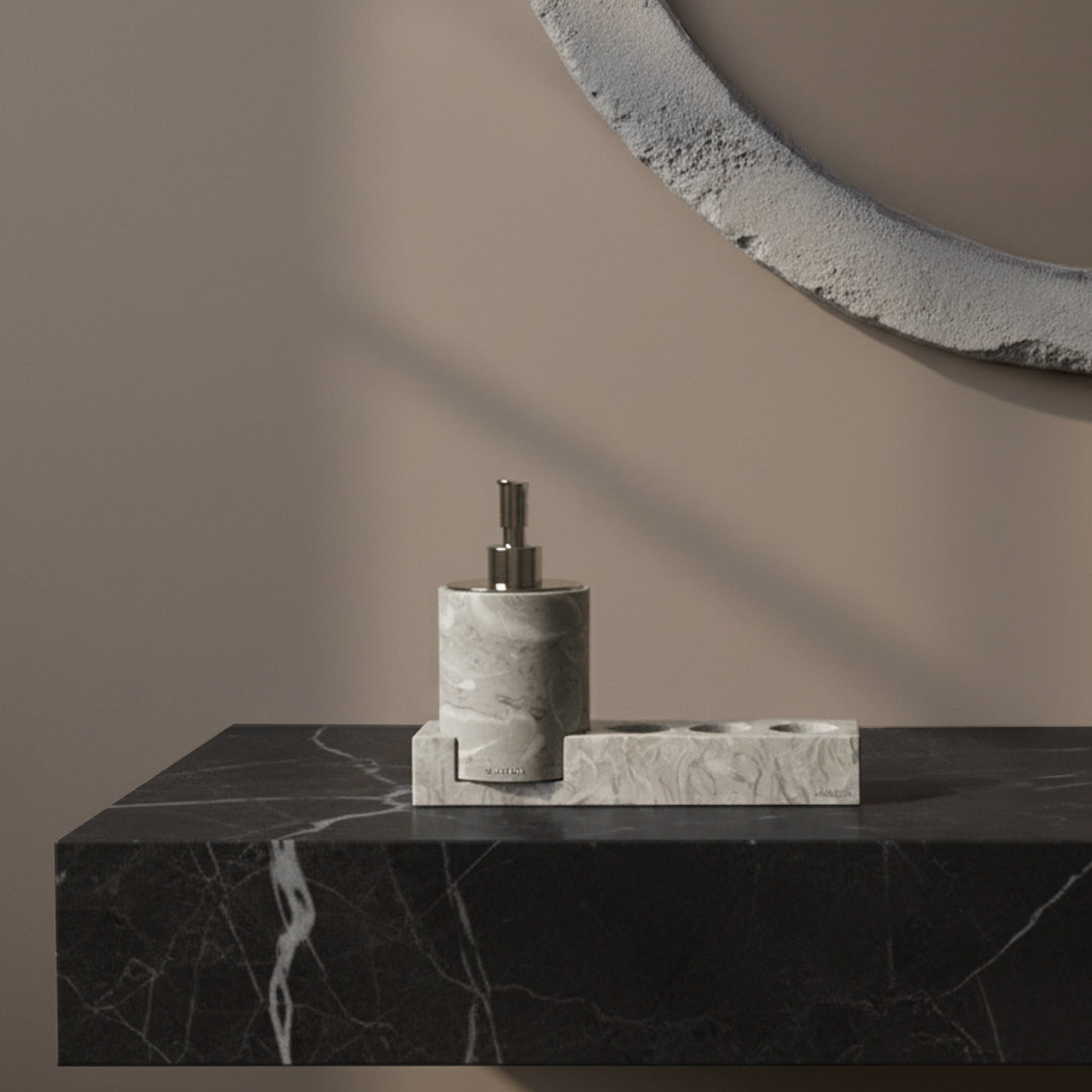 Bawang Flower Marble Toothbrush Holder Set (Cotton Stick Canister Style - Silver Lid) TMC892-1+CBJ892-6 - Bath Sets - ebarza Furniture UAE | Shop Modern Furniture in Abu Dhabi & Dubai - مفروشات ايبازرا في الامارات | تسوق اثاث عصري وديكورات مميزة في دبي وابوظبي