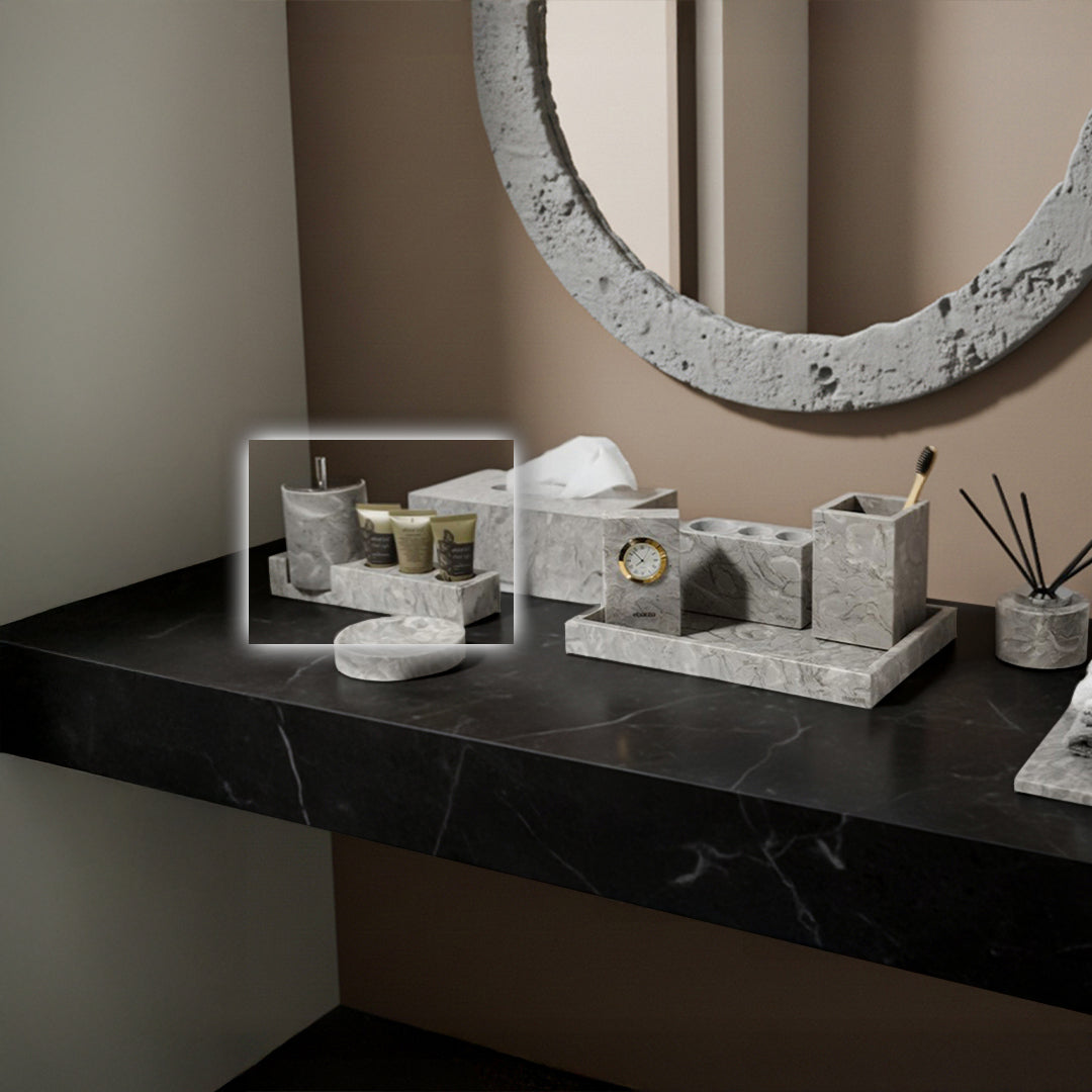 Bawang Flower Marble Toothbrush Holder Set (Cotton Stick Canister Style - Silver Lid) TMC892-1+CBJ892-6 - Bath Sets - ebarza Furniture UAE | Shop Modern Furniture in Abu Dhabi & Dubai - مفروشات ايبازرا في الامارات | تسوق اثاث عصري وديكورات مميزة في دبي وابوظبي