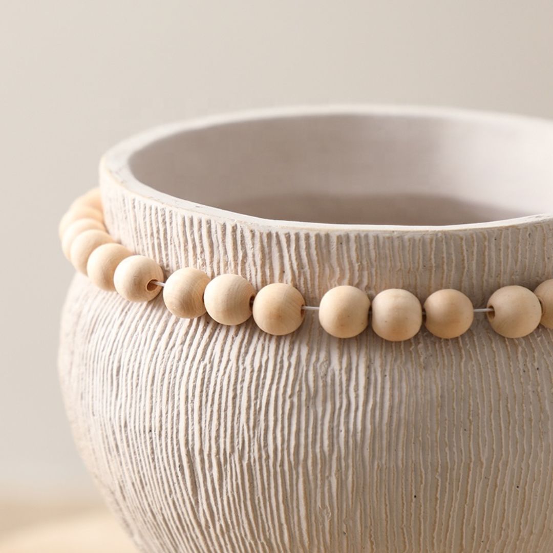 Beige Cement Vase With Bead Detail -A FF-SN24023A - Vases - ebarza Furniture UAE | Shop Modern Furniture in Abu Dhabi & Dubai - مفروشات ايبازرا في الامارات | تسوق اثاث عصري وديكورات مميزة في دبي وابوظبي