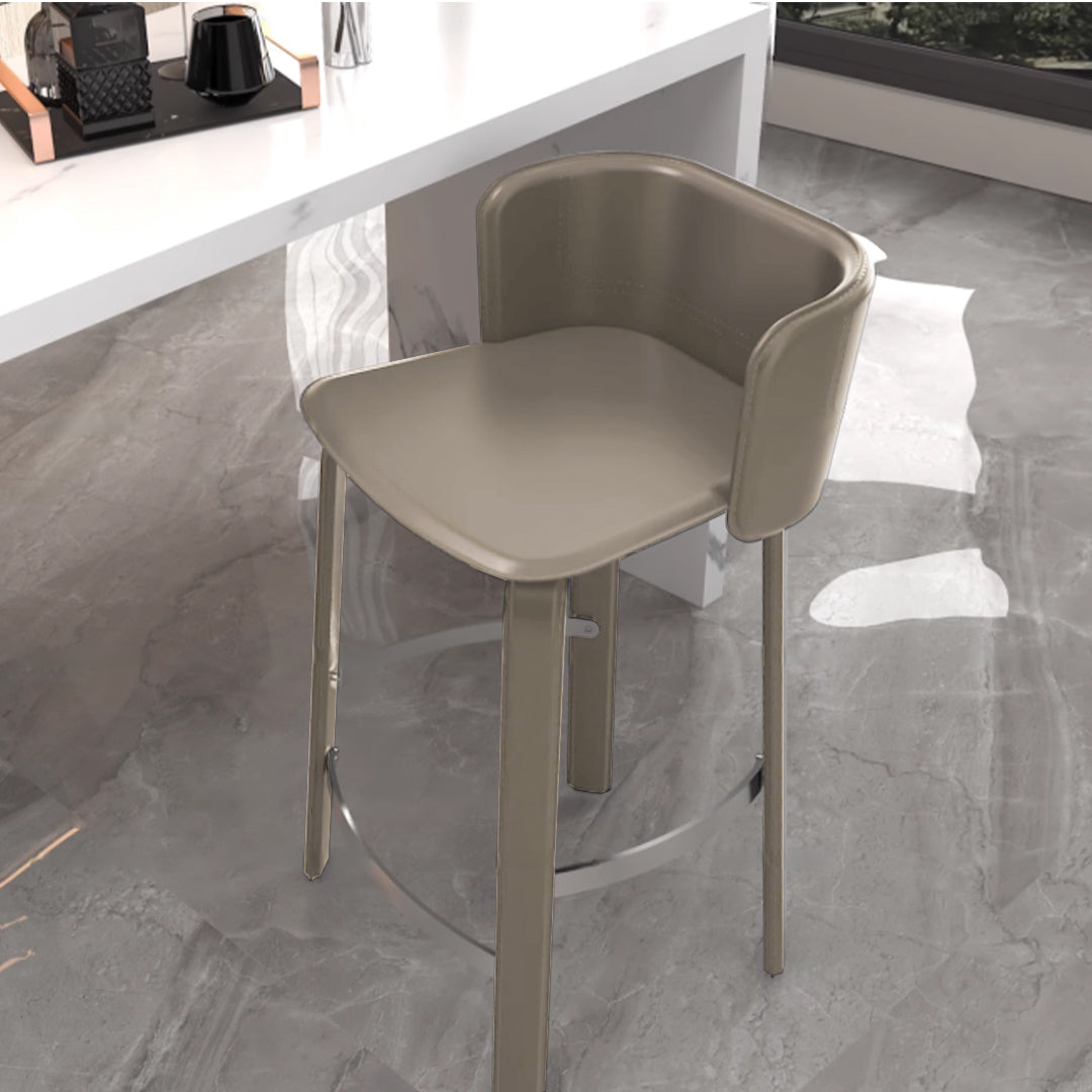 Beige saddle leather BEACON bar stool with metal legs, modern design, comfortable seat, ideal for kitchen or bar area.