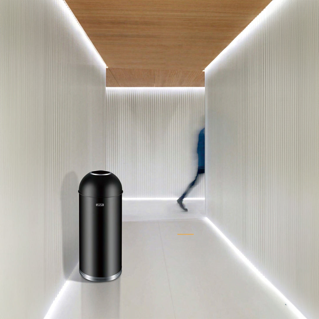 Black Beacon JH-8876-BLK lobby trash bin with a sleek design, suitable for commercial lobby areas.