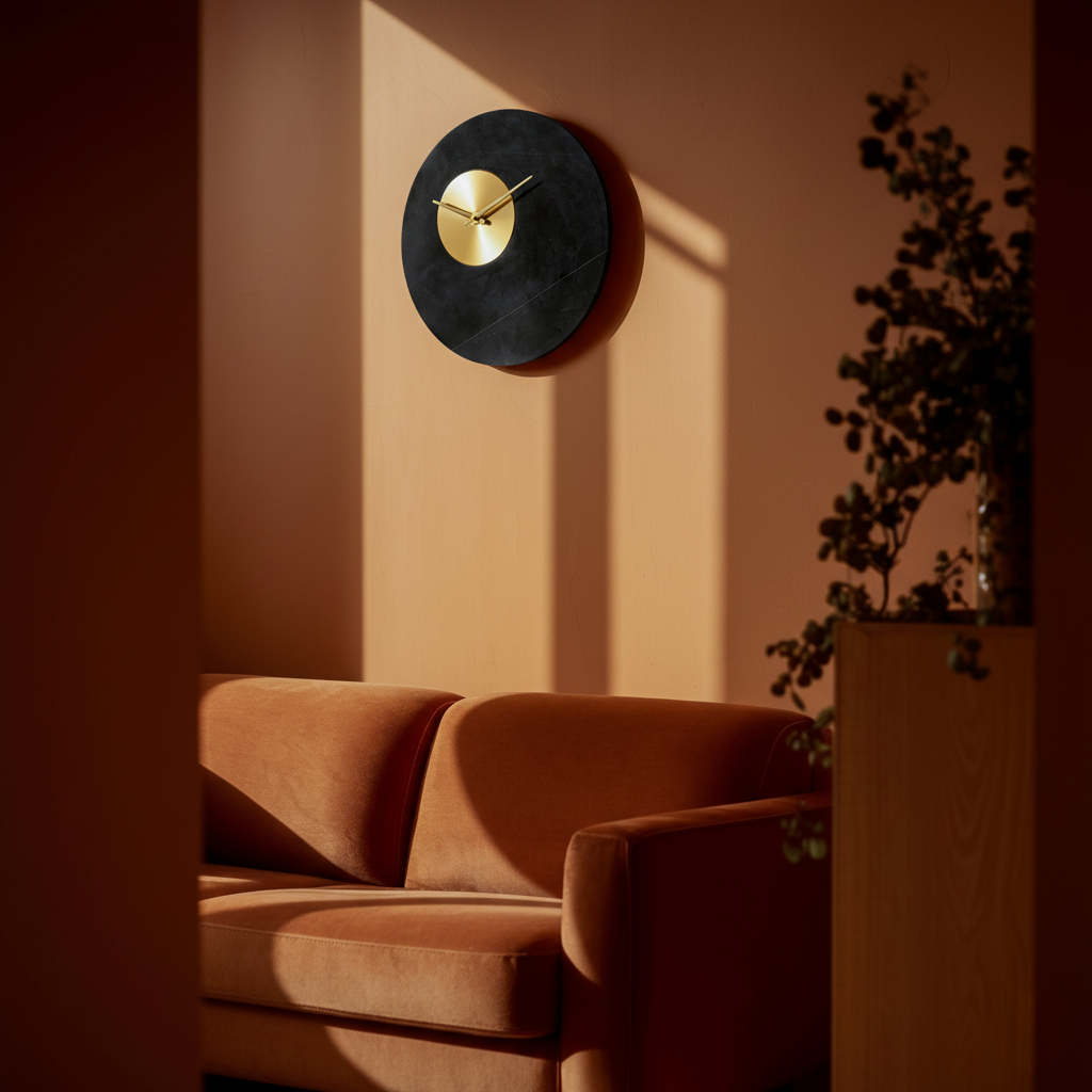 Black and white marble 12-inch wall clock with gold plate accents by BEACON, featuring a sleek modern design.
