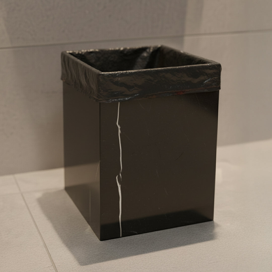 Black and white marble garbage bin or planter box from BEACON bathroom accessories, model SBK890-8.