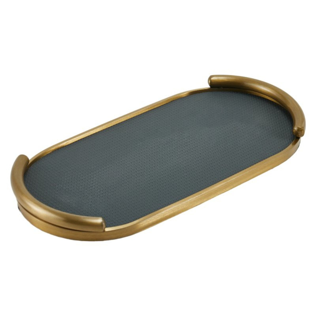 Black and brushed gold oval leather tray by Beacon, showcasing a sleek, elegant design ideal for organizing or decorative use.