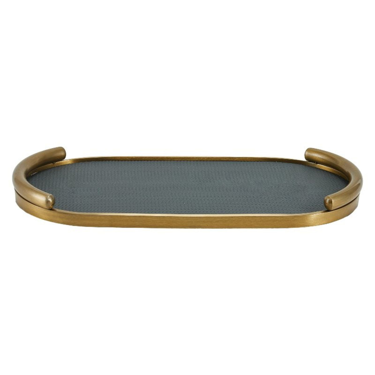 Black and brushed gold oval leather tray by Beacon, featuring a sleek design perfect for stylish home organization.