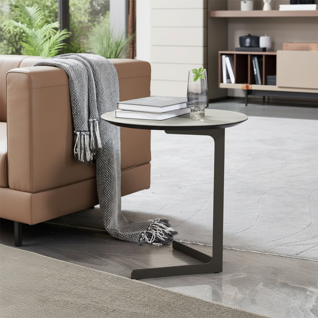Black saddle leather side table with black legs, modern design by BEACON, model MLL-D75 BL for stylish home decor.