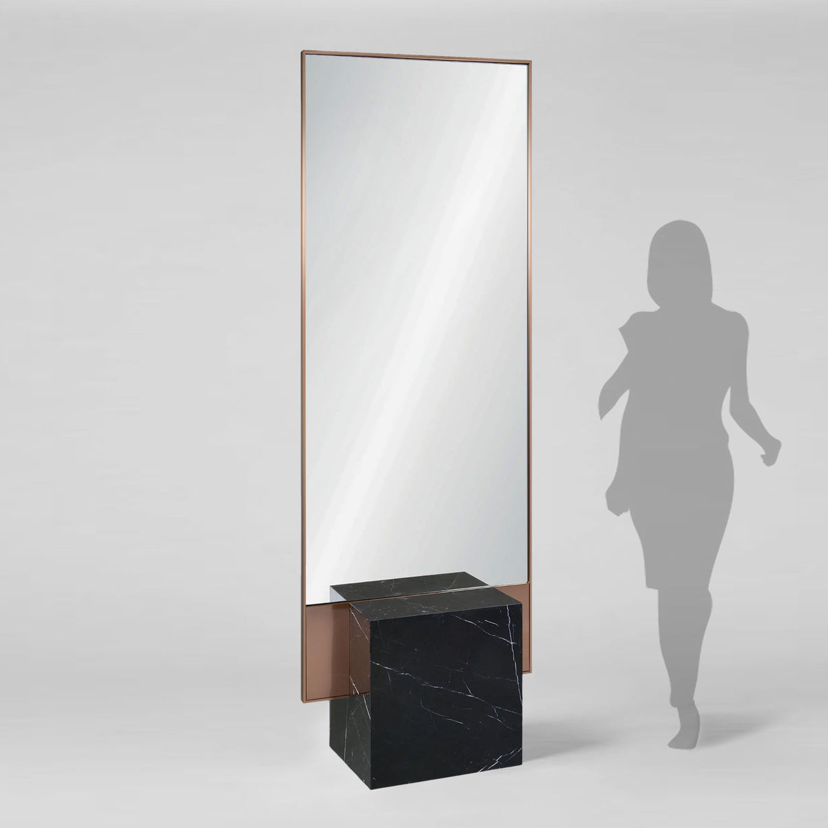 Black natural marble and brushed rose gold floor mirror with black base, modern design by BEACON DYDG.