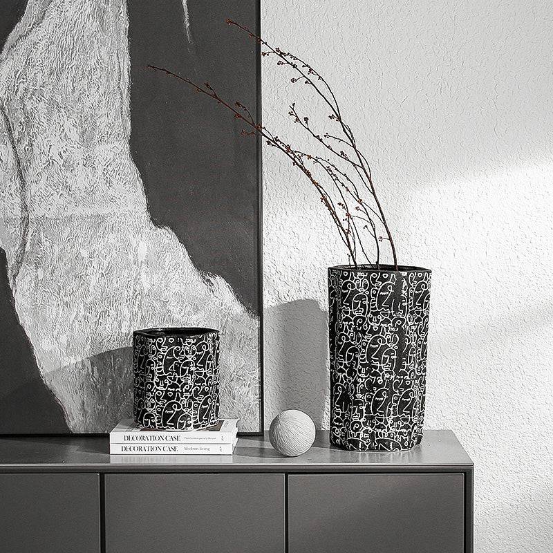 Black & White Hand-Drawn Ceramic Vase-A Fa-D21051A - Vases - ebarza Furniture UAE | Shop Modern Furniture in Abu Dhabi & Dubai - مفروشات ايبازرا في الامارات | تسوق اثاث عصري وديكورات مميزة في دبي وابوظبي