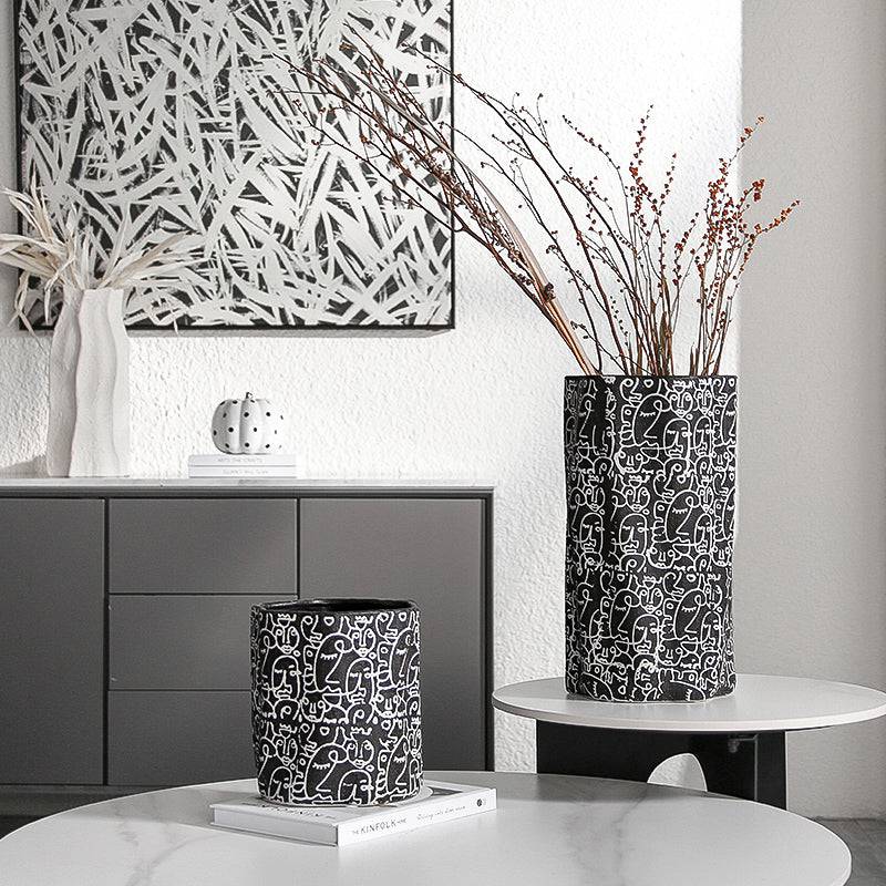 Black & White Hand-Drawn Ceramic Vase-A Fa-D21051A - Vases - ebarza Furniture UAE | Shop Modern Furniture in Abu Dhabi & Dubai - مفروشات ايبازرا في الامارات | تسوق اثاث عصري وديكورات مميزة في دبي وابوظبي