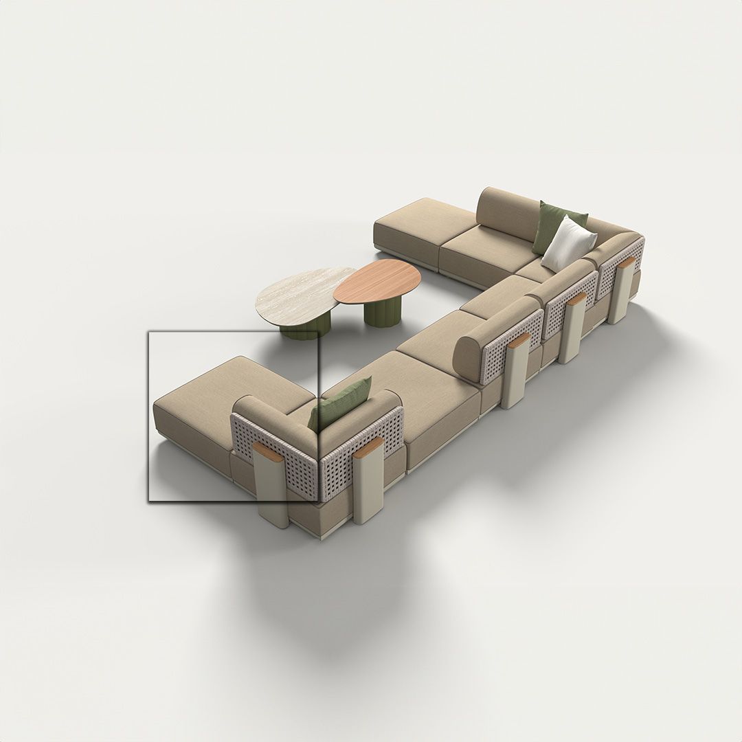 Outdoor beige block pouf by BEACON, made of durable fabric, with a cube shape perfect for patio or garden seating.