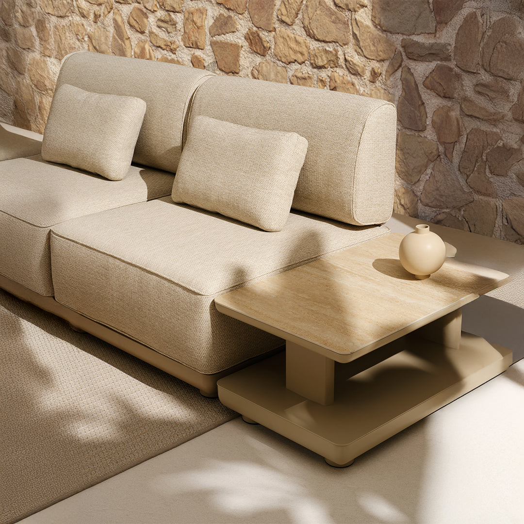 BEACON outdoor side table with ceramic top, block-style design perfect for patio or garden, durable outdoor tables.