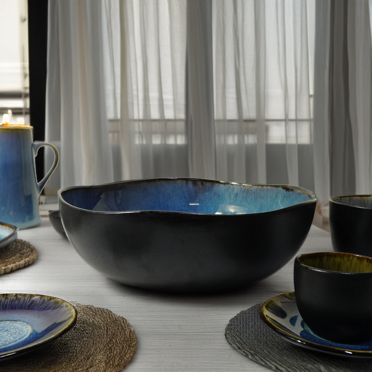 Blue Wave Big Bowl by BEACON, black and blue ceramic bowl with wave design, ideal for serving or display.