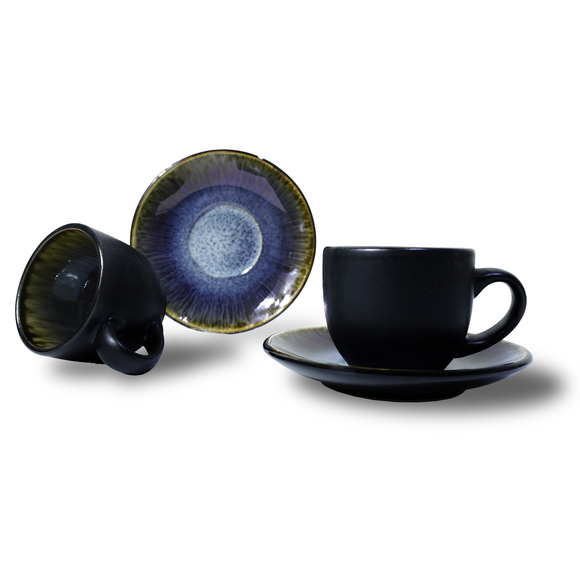 Blue wave cups and saucer set by Beacon featuring black and blue design, perfect for stylish beverage service.