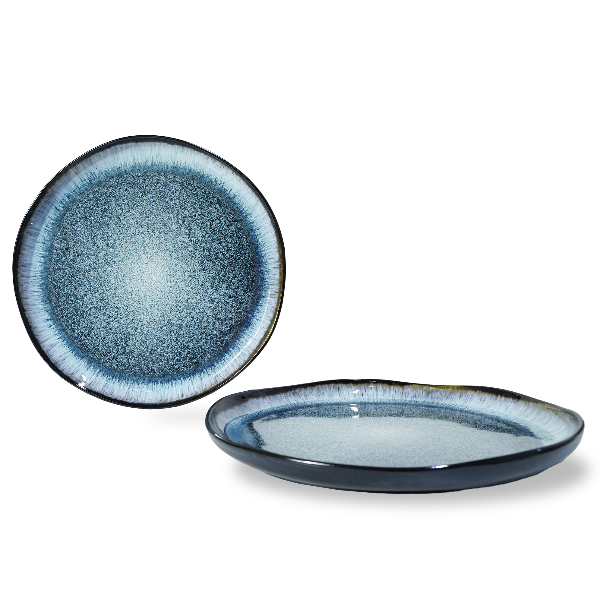 Blue Wave Salad Plate by BEACON featuring a black and blue wave design, made of durable ceramic material.