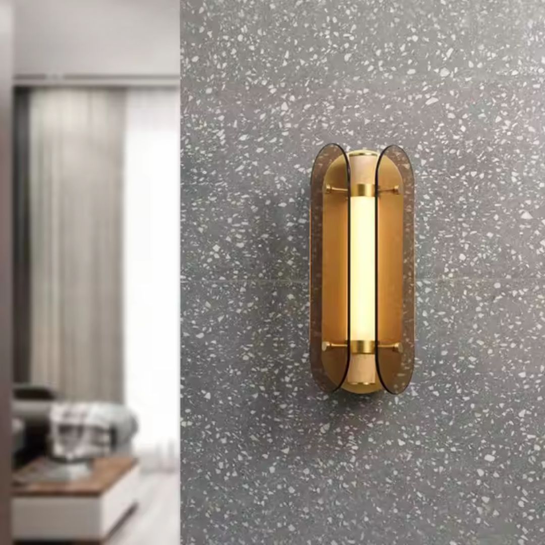 Brass aluminum and marble LED wall lamp by Beacon, model MB21955-2-150, showcasing modern design and sleek finish.
