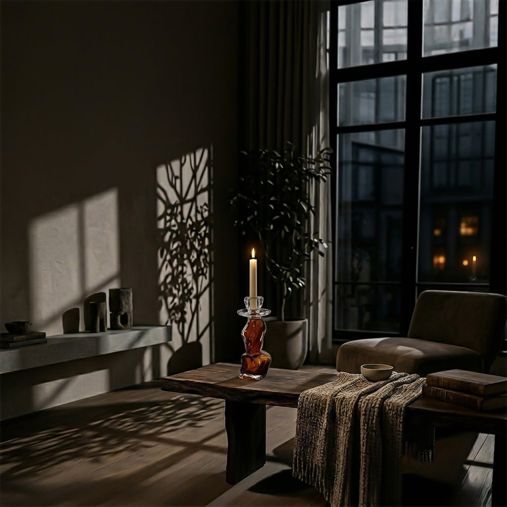 Amber Shadow handmade glass candle holder by BEACON, featuring a warm, artistic design with a shadowy amber finish.