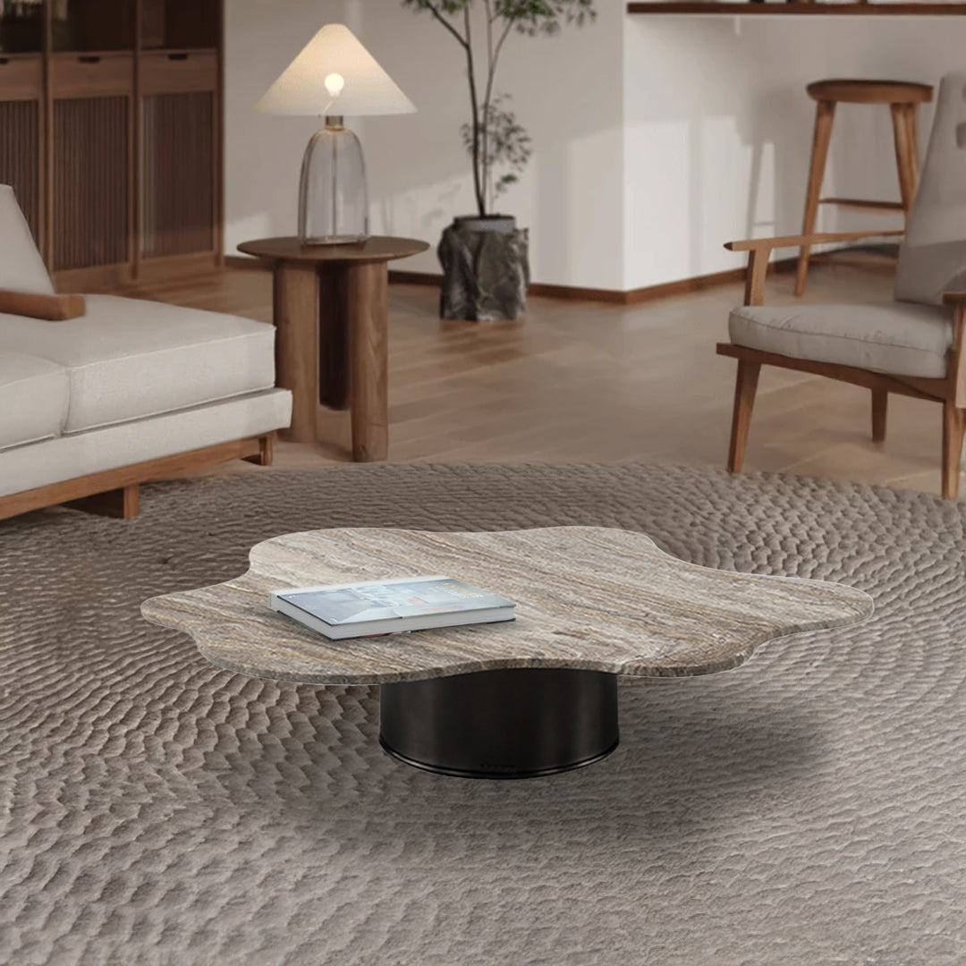 Brown Travertine Coffee Table by BEACON, modern rectangular design with natural stone surface and sleek wooden legs.