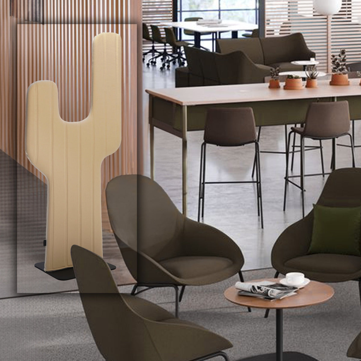 Beige cactus-themed office screen barrier by BEACON, providing privacy and separation in workspace environments.