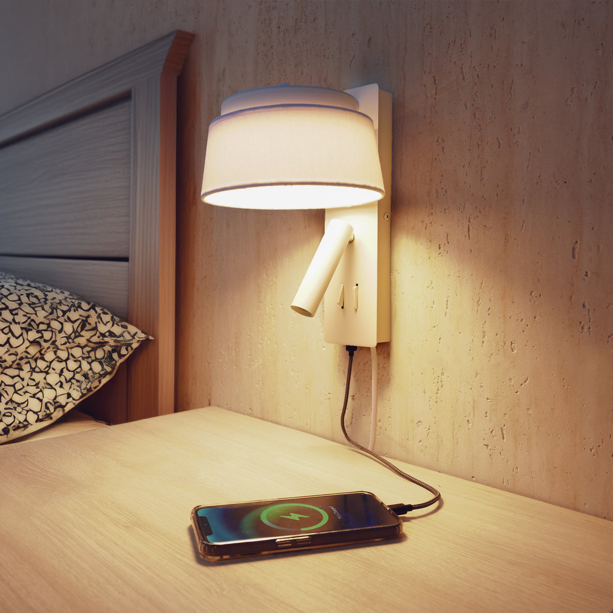 BEACON Calm Hotel Style Wall Reading Lamp with white and grey linen shade, designed for headboard or wall lighting.