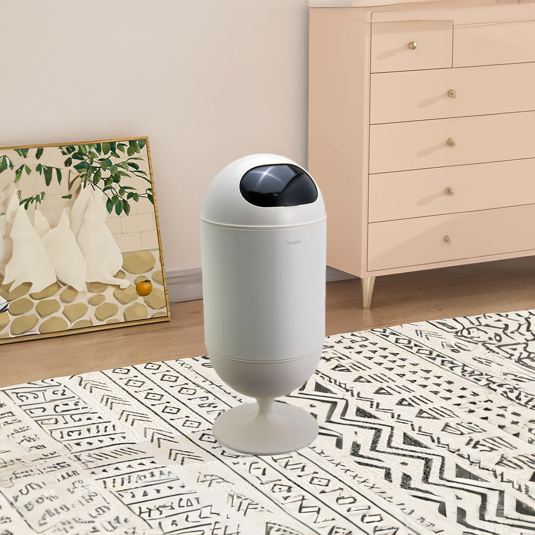 Cream capsule-shaped press type trash can for bathroom, 20L capacity, by BEACON bathroom accessories.