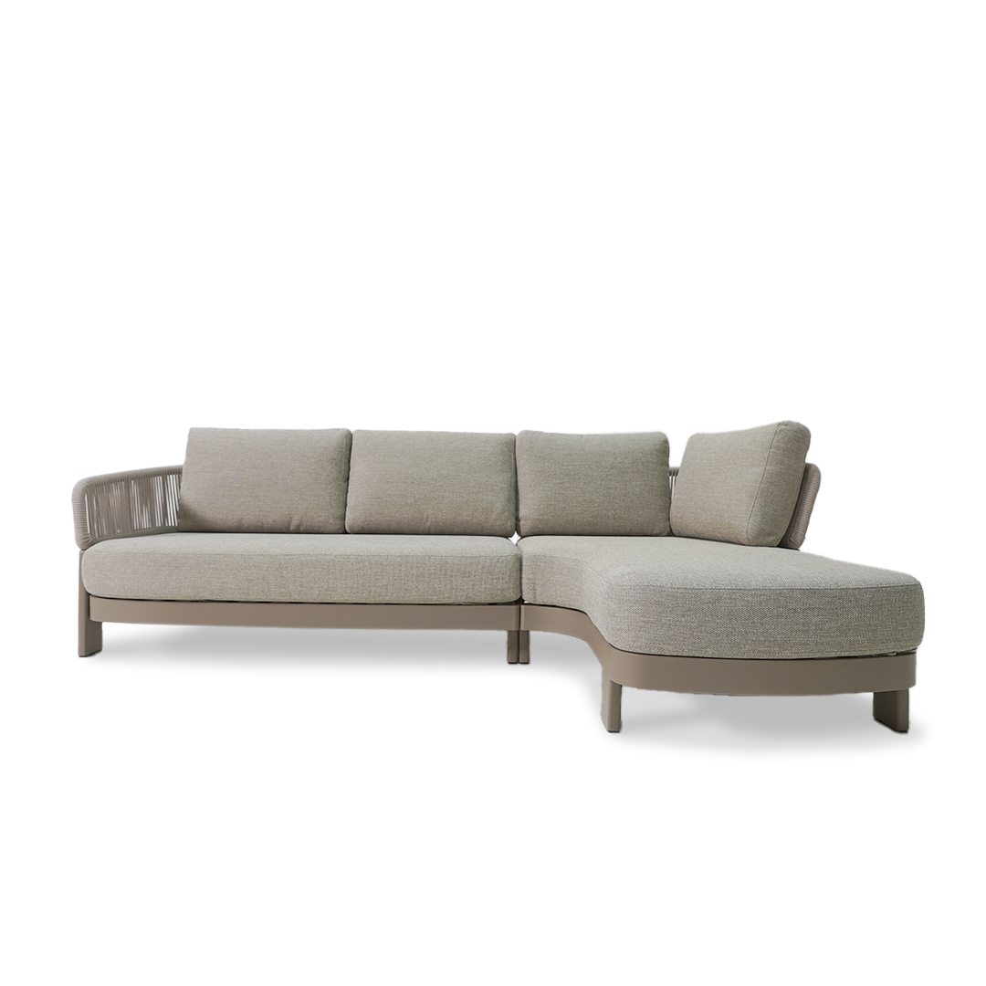 Cayenne outdoor sofa with 2-seater and right relax module by BEACON, featuring modern outdoor seating and cushions.