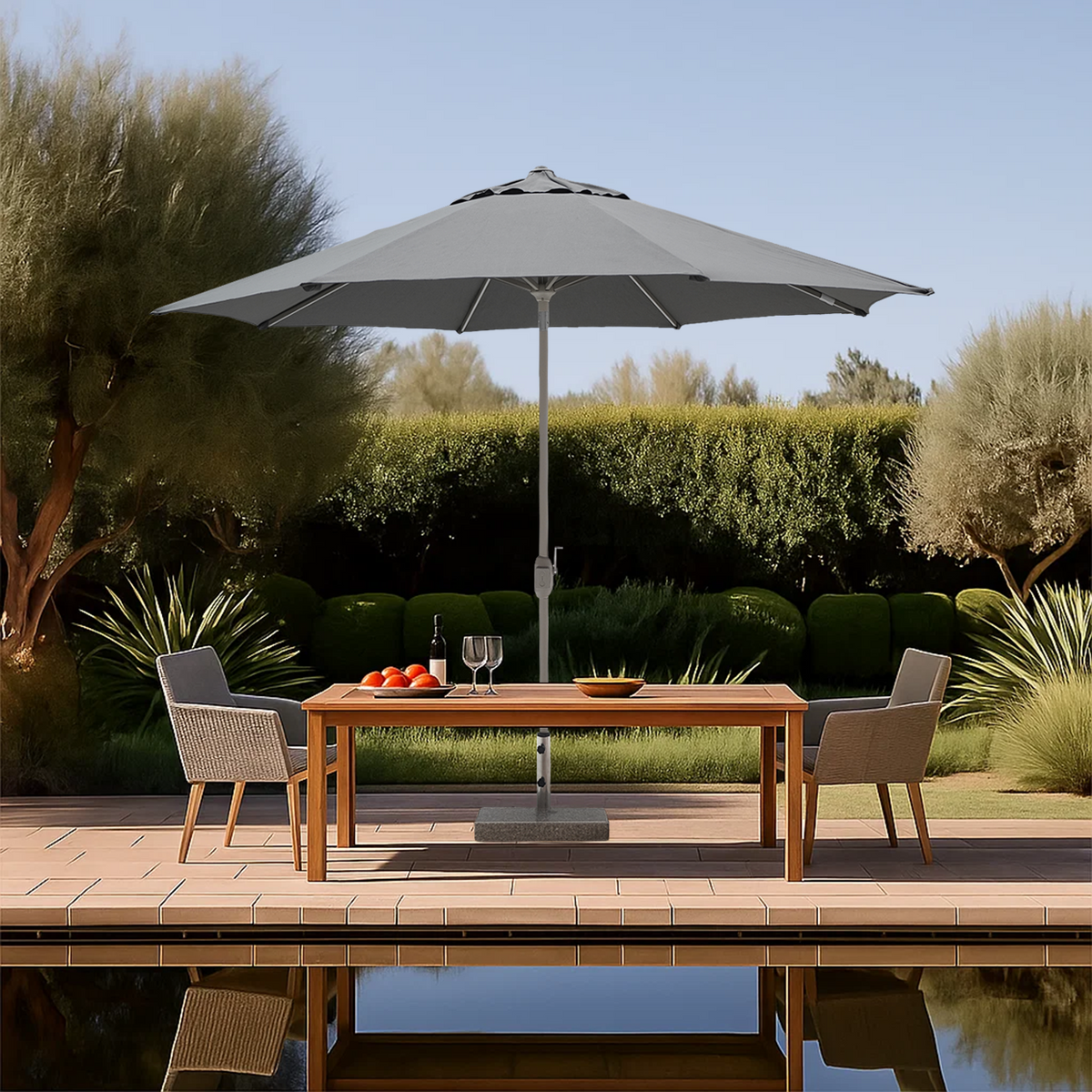 BEACON celestial center pole outdoor umbrella with crank and wheeled base, featuring a large fabric canopy for shade.