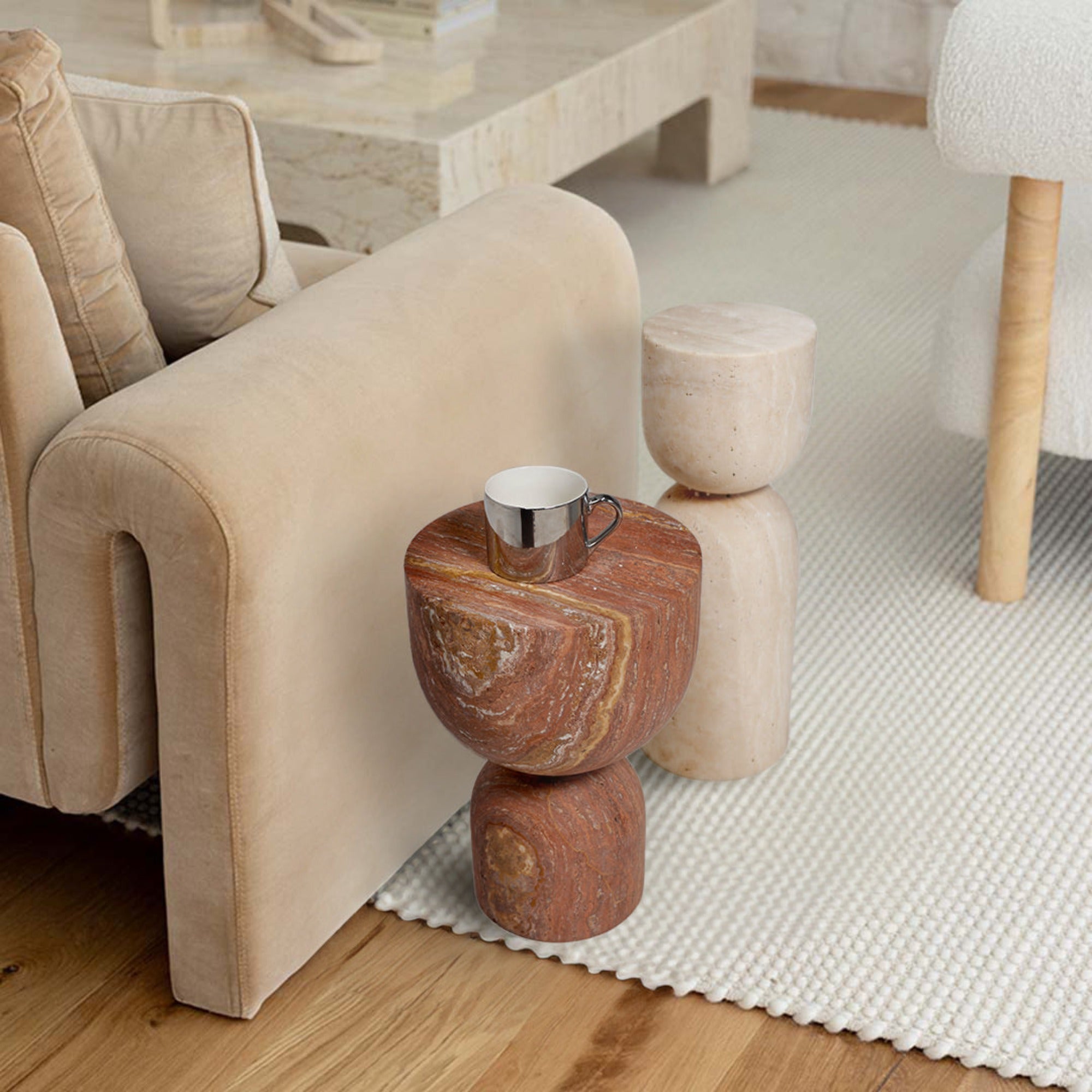 Natural beige travertine side table by BEACON, featuring a chess-inspired design and sleek modern style.