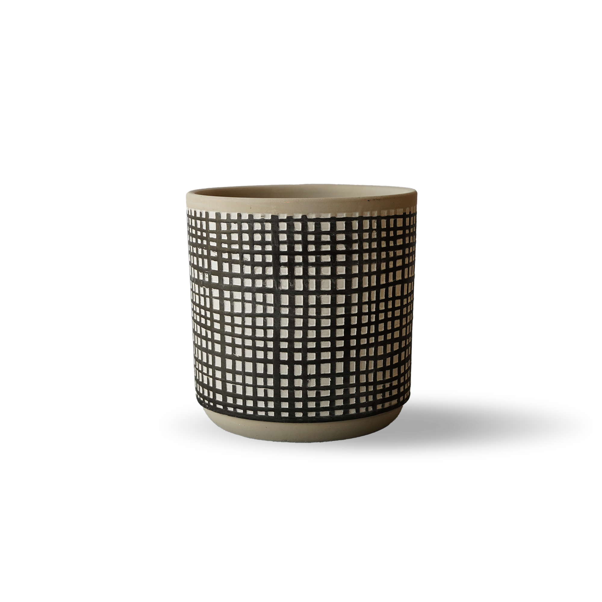 Black cement planter box with classic checkered design, suitable for indoor or outdoor use, by BEACON IncOLOR.