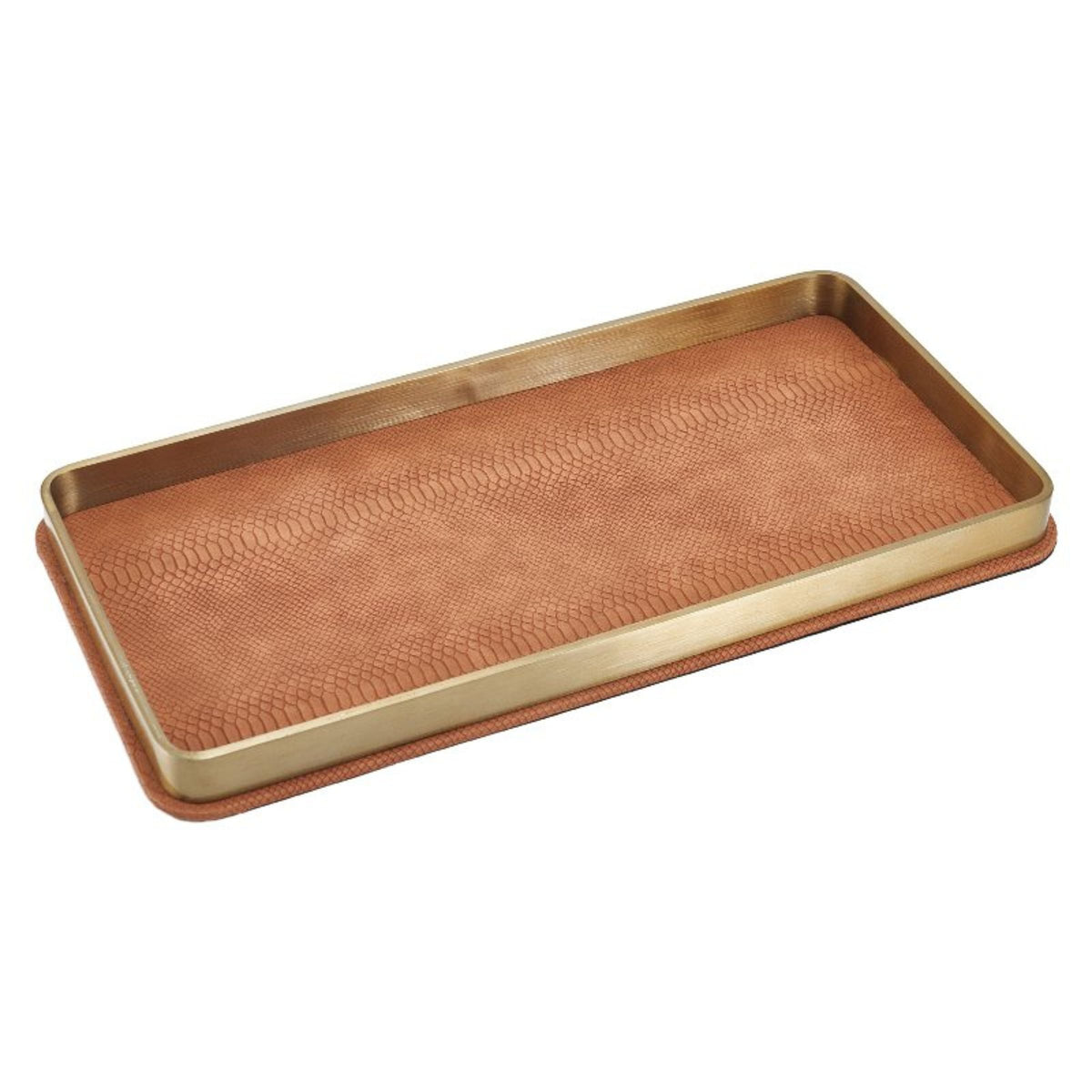 Brushed gold leather decorative tray by Beacon, featuring a sleek rectangular design with raised edges for serving or decor.