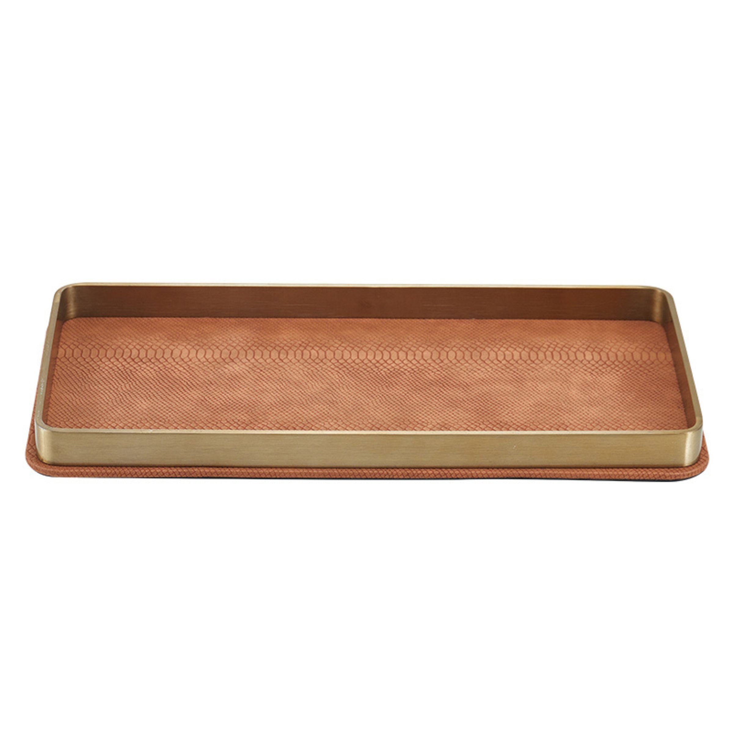 COFFEE & BRUSHED GOLD LEATHER DECORATIVE TRAY-L DD210938BL - Trays - ebarza Furniture UAE | Shop Modern Furniture in Abu Dhabi & Dubai - مفروشات ايبازرا في الامارات | تسوق اثاث عصري وديكورات مميزة في دبي وابوظبي
