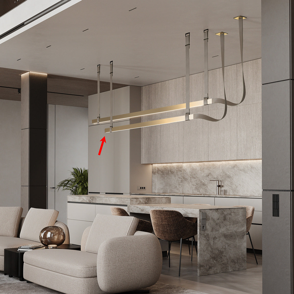 Comet Tail Leather Gold Pendant Lamp by BEACON, 1.2m, featuring a sleek leather and gold finish, hanging pendant light.