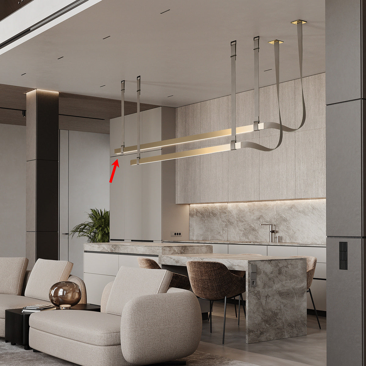 Gold leather pendant lamp with comet tail design from BEACON, 1.5m length, modern lighting fixture with stylish details.