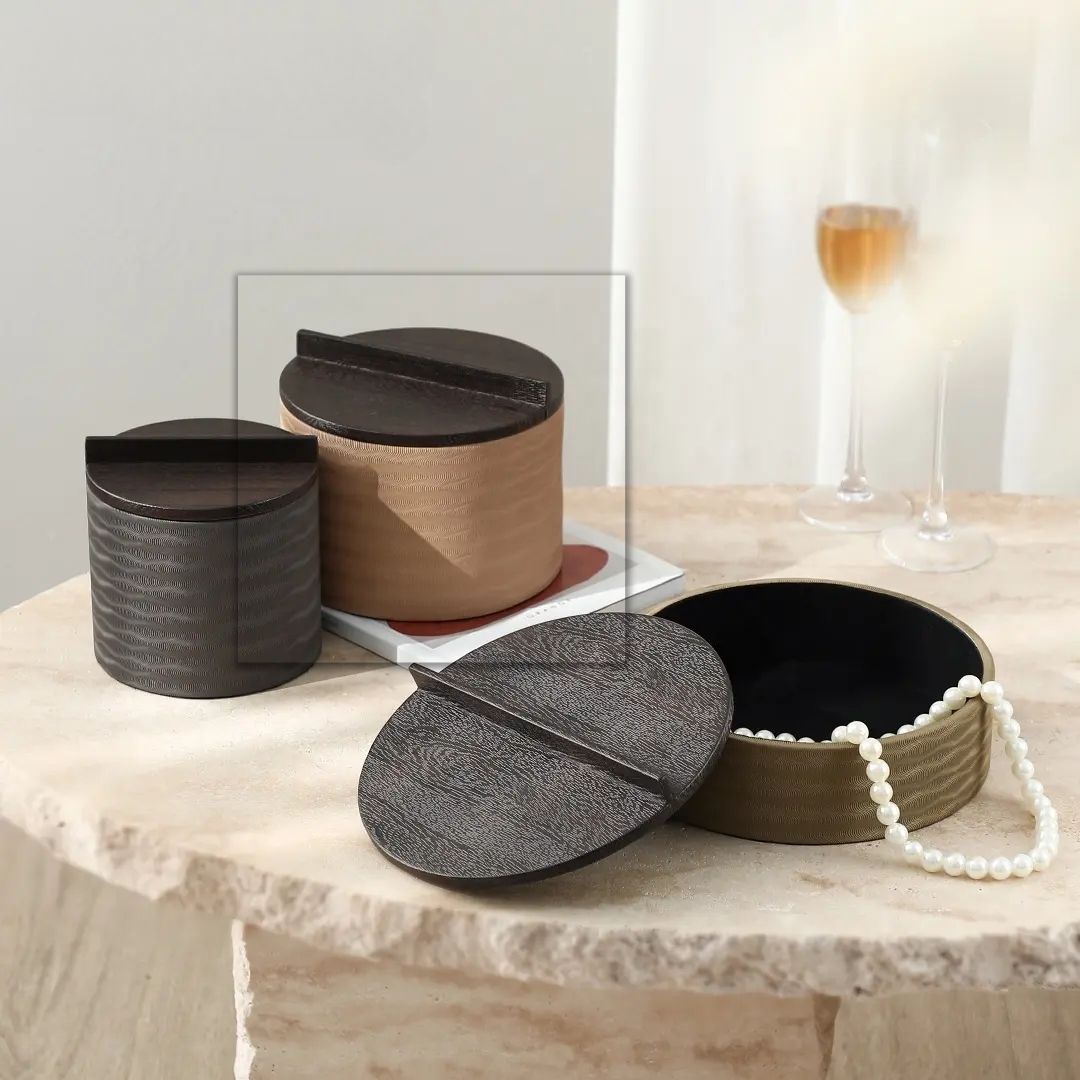 Corrugated cylindrical box B from BEACON home decor figurines, featuring textured corrugated paper and cylindrical shape.
